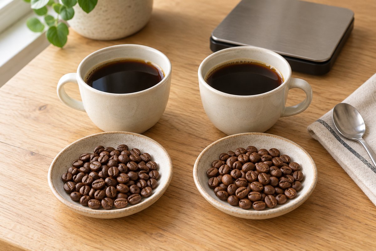 Two cups of black coffee beside dishes of roasted beans and a kitchen scale on a wooden table.