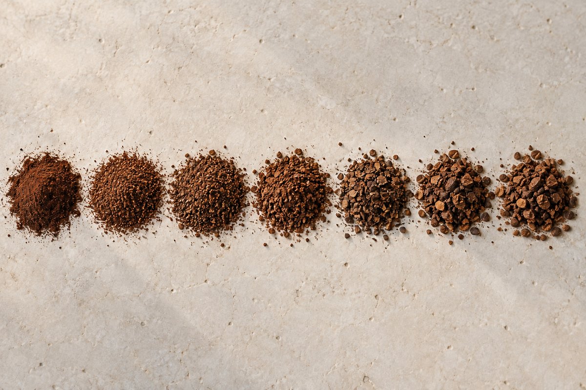 Seven piles of roasted coffee show a range from fine powdery grains to coarse fragments.