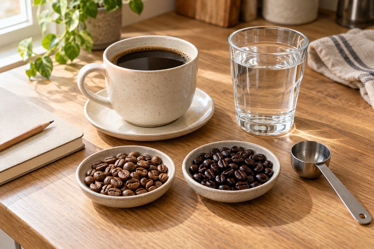 A mug of black coffee, a glass of water, and dishes of lighter and darker roasted beans.