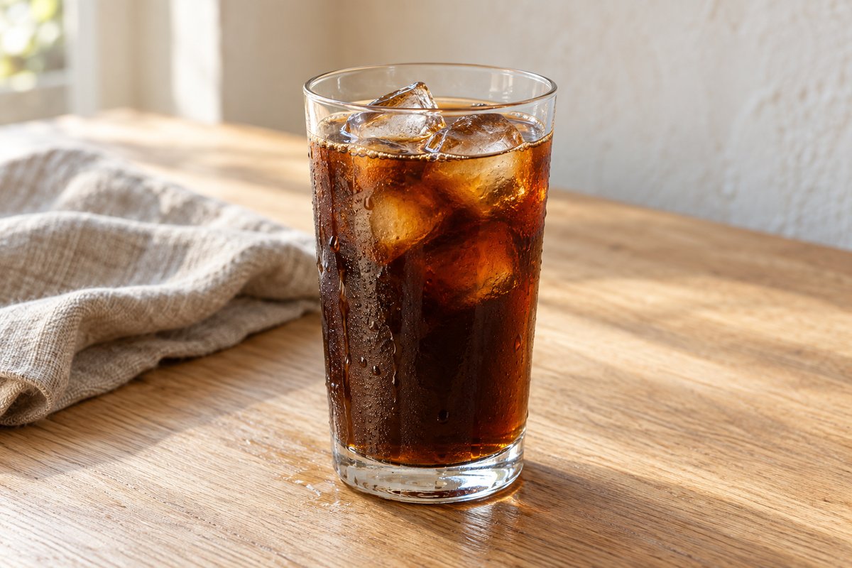 Black iced coffee fills a clear glass with ice cubes and condensation in natural window light.